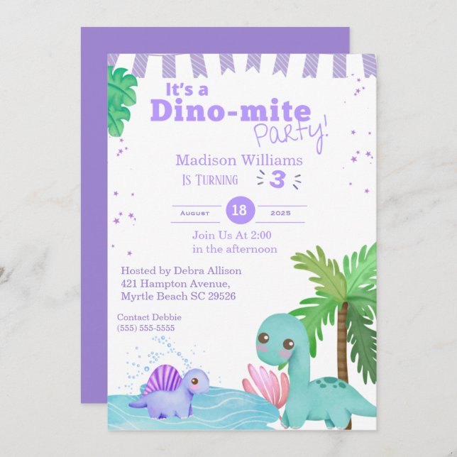 Invitación Chicas Dinosaurio Morado Tercer Fiesta de Cumpleañ (Anverso / Reverso)