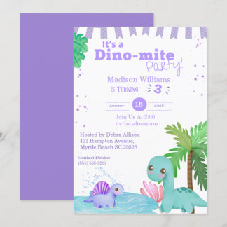 Invitación Chicas Dinosaurio Morado Tercer Fiesta de Cumpleañ