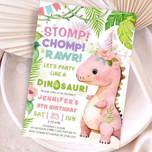 Invitación Chicas Dinosaurio Novena Fiesta de Cumpleaños Cute