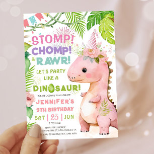 Invitación Chicas Dinosaurio Novena Fiesta de Cumpleaños Cute
