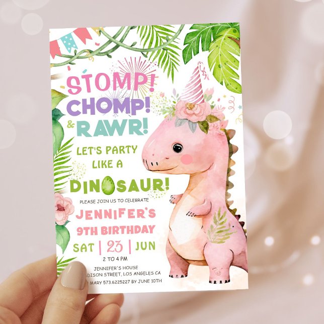 Invitación Chicas Dinosaurio Novena Fiesta de Cumpleaños Cute (#DinosaurBirthdayInvitation #DinosaurBirthdayInvite #GirlDinosaurBirthdayInvitation
)