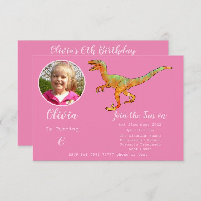 Invitación Chicas Dinosaurios Cumpleaños Fiesta Velociraptor  (Anverso / Reverso)