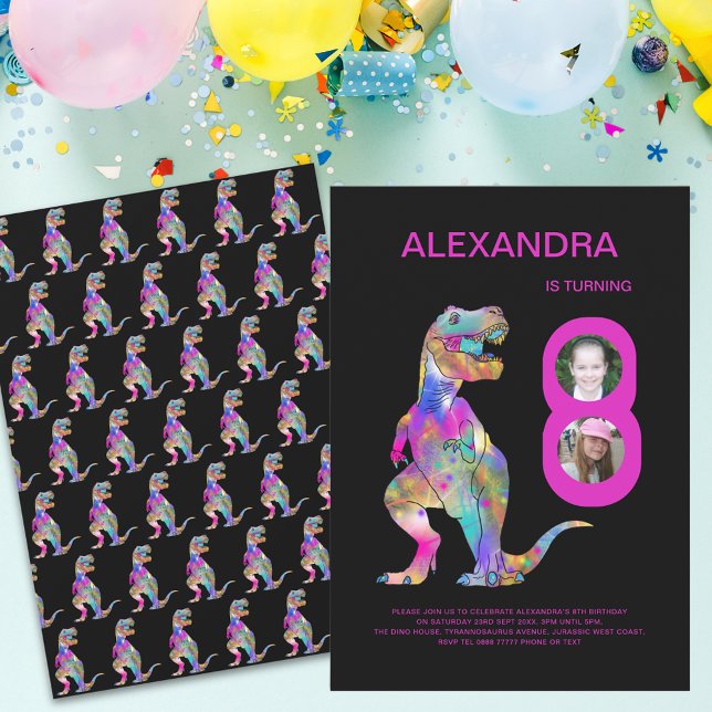 Invitación Chicas Dinosaurios Fiesta de cumpleaños Rosa (Colorful Dinosaur T-Rex girls 8th birthday party pink and black invitation)