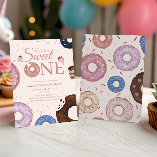 Invitación Chicas Dulce Un Donut Pastel Primer Cumpleaños (Subido por el creador)