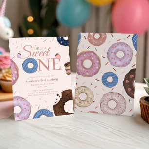Invitación Chicas Dulce Un Donut Pastel Primer Cumpleaños