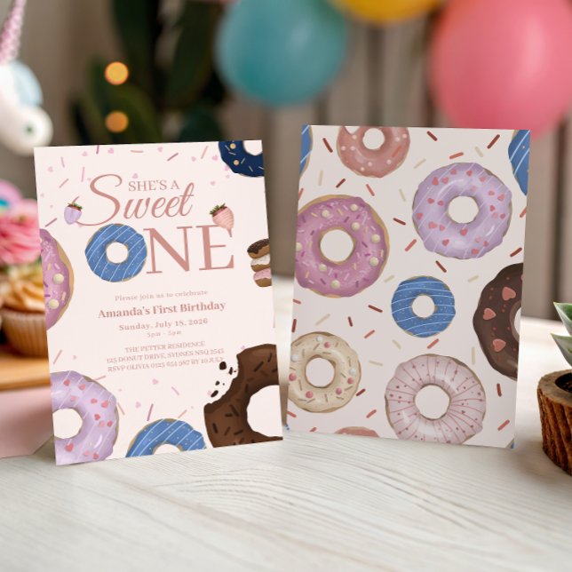 Invitación Chicas Dulce Un Donut Pastel Primer Cumpleaños (Subido por el creador)