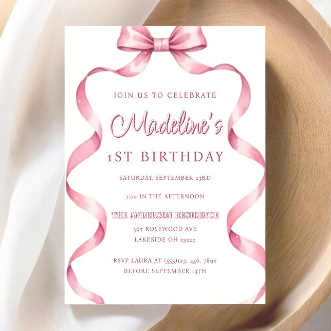 Invitación Chicas editables Coquette rosa Bow Primer cumpleañ (Editable Girls Pink Coquette Bow First Birthday Invitation)