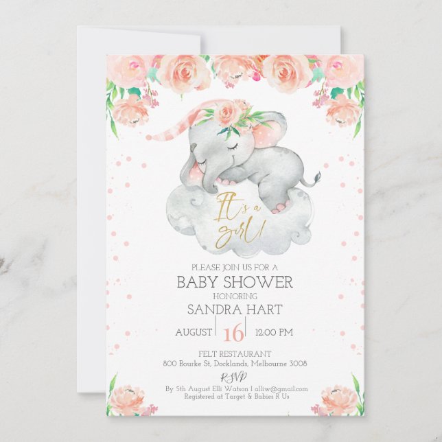Invitación Chicas Elefante Dormido Floral Baby Shower (Anverso)