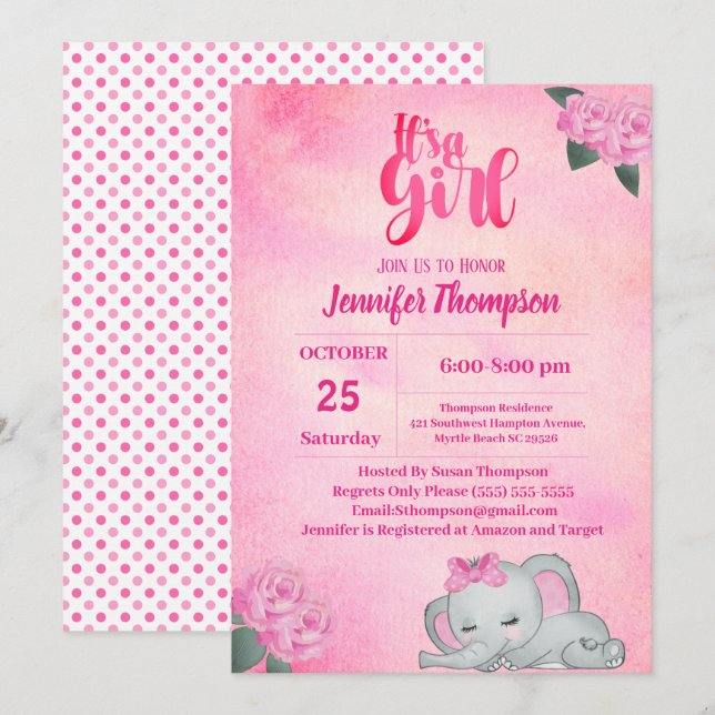 Invitación Chicas Elefante Rosa Baby Shower (Anverso / Reverso)