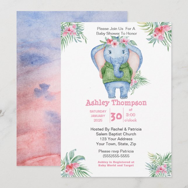 Invitación Chicas elefantes cutáneos Baby Shower (Anverso / Reverso)