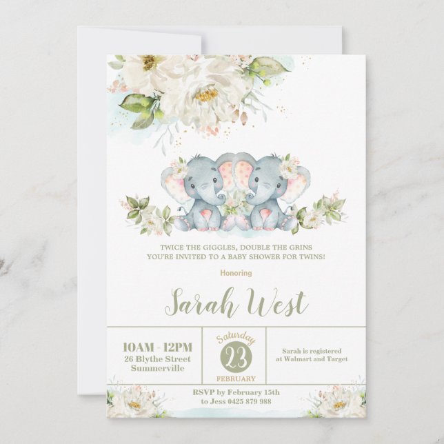 Invitación Chicas elefantes gemelos con flores Baby Shower  (Anverso)