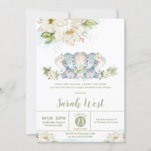 Invitación Chicas elefantes gemelos con flores Baby Shower 