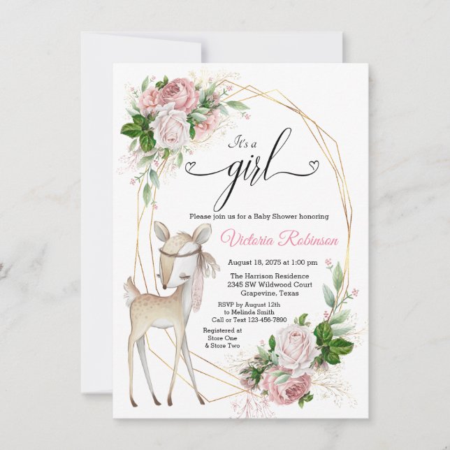 Invitación Chicas Elegante Boho Ciervo Baby Shower (Anverso)