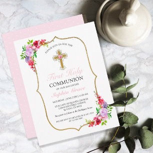 Invitación Chicas Elegante Floral Rosa Primera Comunión Santa