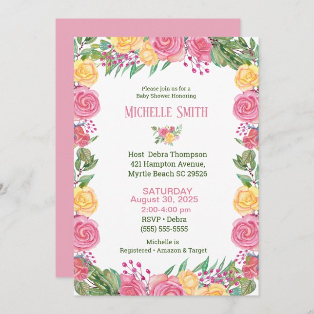 Invitación Chicas Elegantes rosas amarillas Baby Shower (Anverso / Reverso)