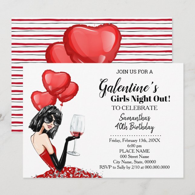 Invitación Chicas en la fiesta de cumpleaños de Galentine (Anverso / Reverso)