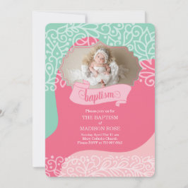 Invitación Chicas en rosa y verde marino con bautismo de foto