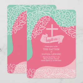 Invitación Chicas en verde rosa y marino con bautismo cruzado