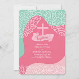 Invitación Chicas en verde rosa y marino con bautismo cruzado