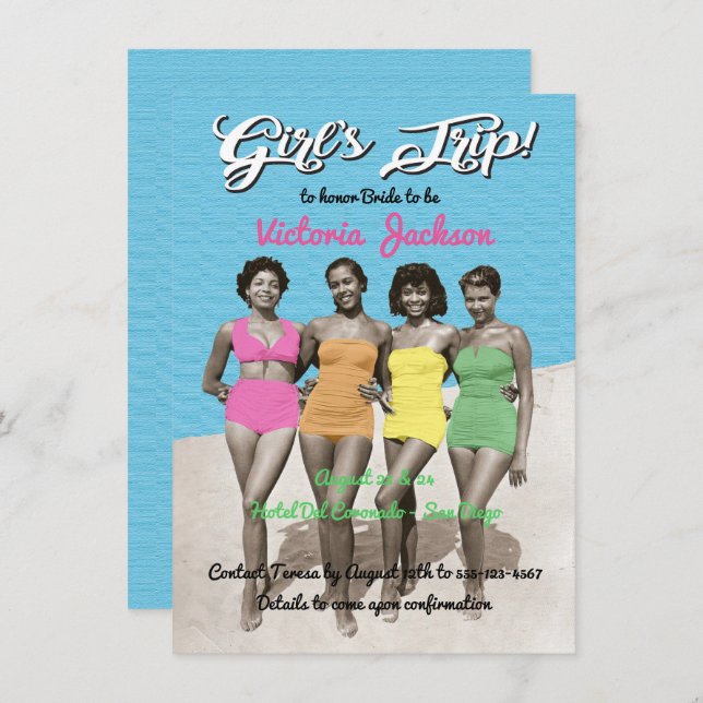 Invitación Chicas en viaje por la playa cumpleaños o la fiest (Anverso / Reverso)