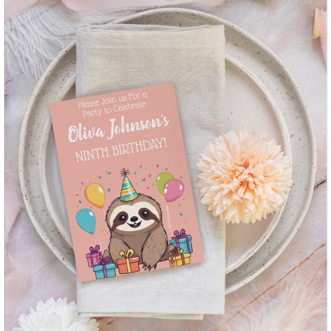 Invitación Chicas eslovacos adorables Fiesta rosado de cumple (Sweet sloth birthday party invitation. )