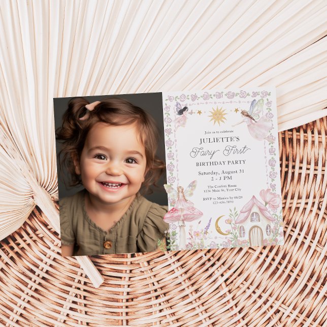 Invitación Chicas Fairy First Magical Garden Birthday Photo (Girls Fairy First Photo Birthday Invite)