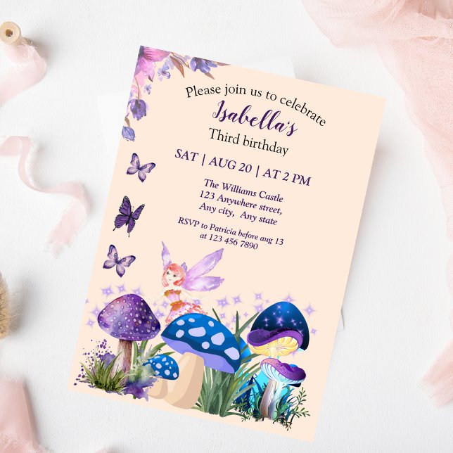 Invitación Chicas Fairy Purple Mushroom Butterfly Cumpleaños (Subido por el creador)