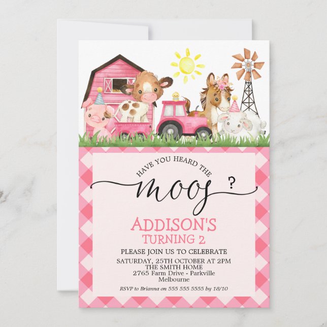 Invitación Chicas Farm Te Han Oído El Cumpleaños De Los Moos  (Anverso)