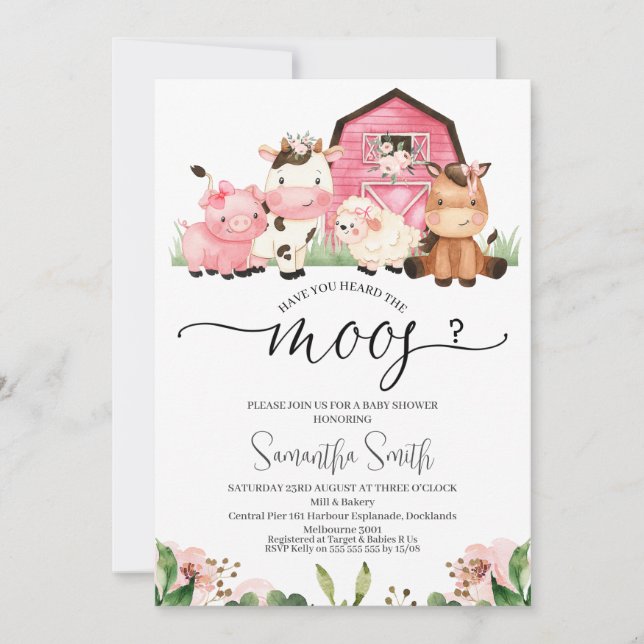 Invitación Chicas Farm Te Han Oído El Moos Baby Shower (Anverso)