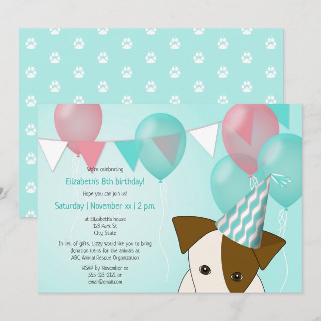 Invitación chicas fiesta de cumpleaños con tema de perro glob (Anverso / Reverso)