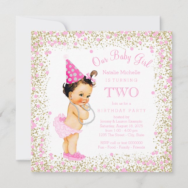 Invitación Chicas Fiesta de cumpleaños Purpurina de oro rosad (Anverso)