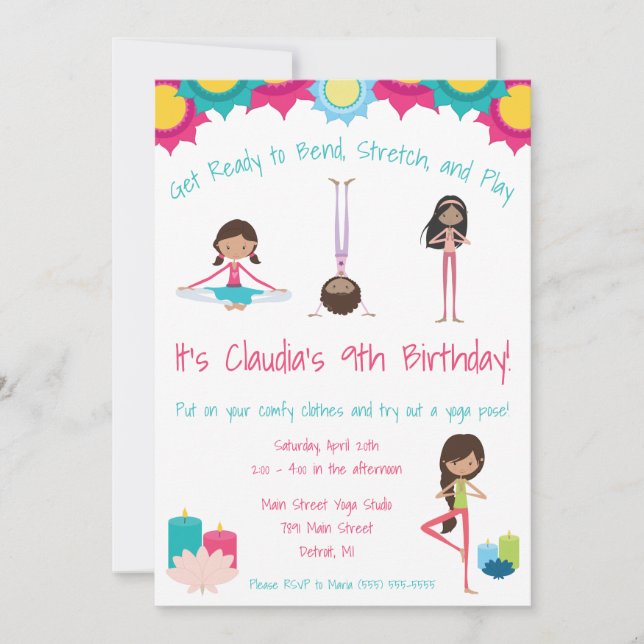 Invitación Chicas Fiesta de cumpleaños temática del yoga (Anverso)