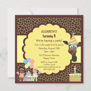 Invitación Chicas, Fiesta de impresión para animales de jiraf
