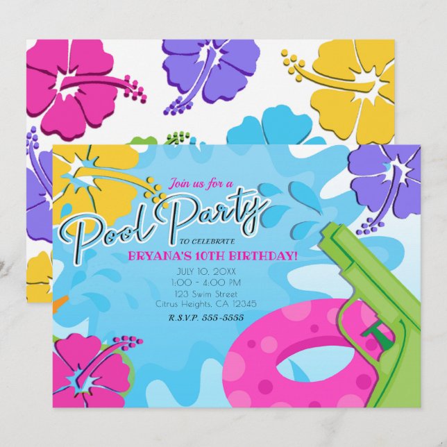 Invitación Chicas Fiesta de piscina ardilla agua de arma vera (Anverso / Reverso)