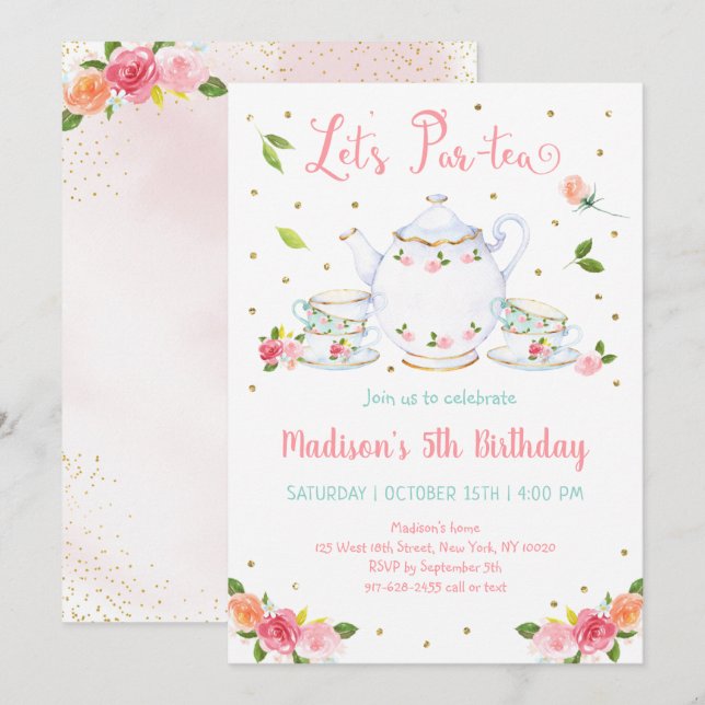 Invitación Chicas Fiesta de té floral de oro rosado Cumpleaño (Anverso / Reverso)