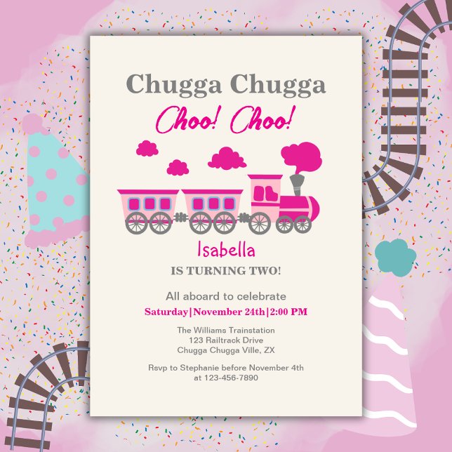 Invitación Chicas Fiesta del segundo cumpleaños del tren rosa (Subido por el creador)