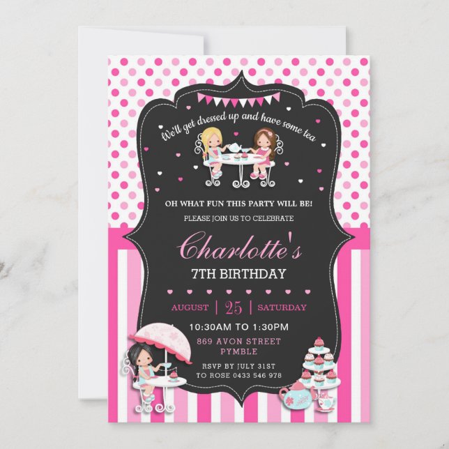 Invitación Chicas Fiesta del té Cumpleaños Puntos de Polka Ro (Anverso)