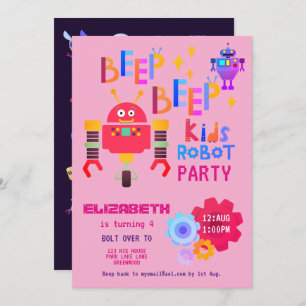 Invitación Chicas FIESTA ROBOT Personalizado de cumpleaños ro