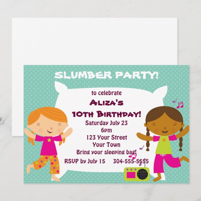 Invitación Chicas Fiesta Slumber (Anverso / Reverso)