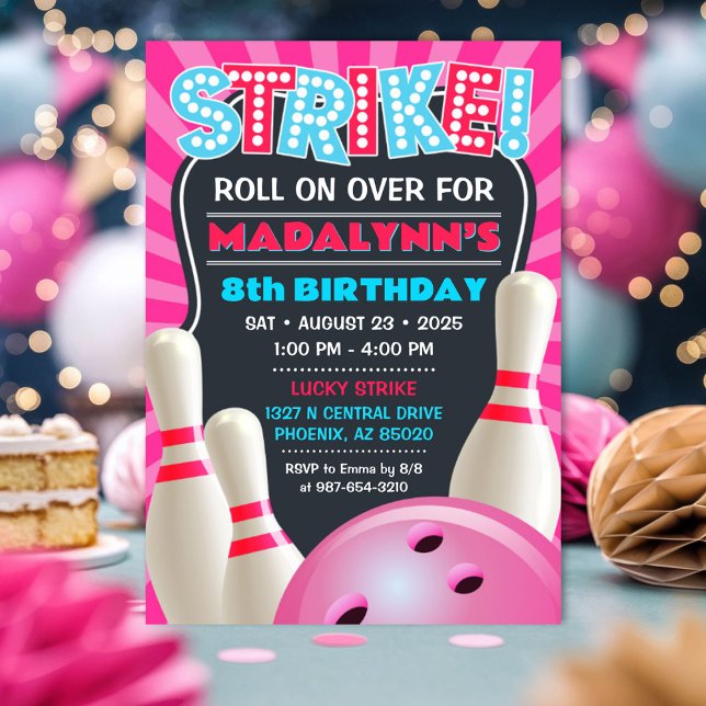Invitación Chicas Fiestas de boliche rosado Cumpleaños (Girls Bowling Party Invitation)