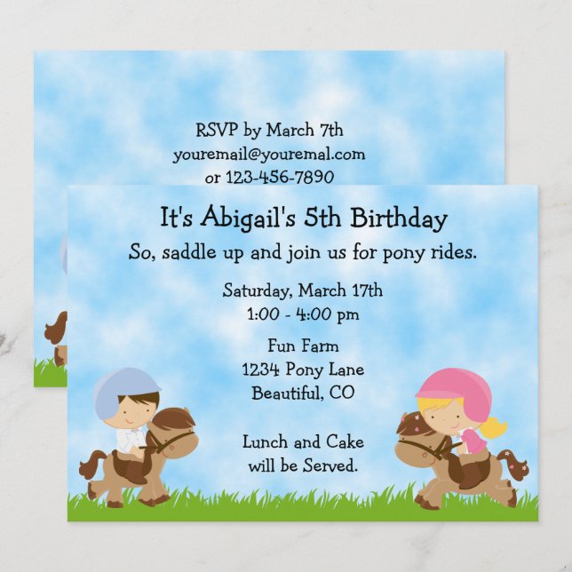 Invitación Chicas Fiestas de Cute Pony y niños Cumpleaños de  (Anverso / Reverso)