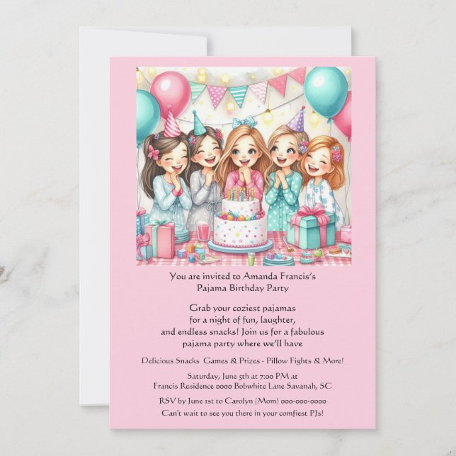 Invitación Chicas Fiestas de Pajama de cumpleaños invitan a l (Anverso)