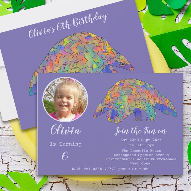 Invitación Chicas Fiestas de Pangolin 6.ª foto de cumpleaños  (Cute pangolin 6th birthday party purple invitation photo template colorful watercolor animal art)