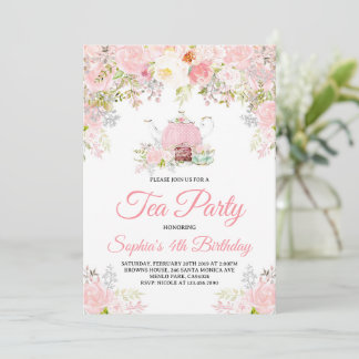 Invitación Chicas Fiestas de té con flores rosadas Cumpleaños