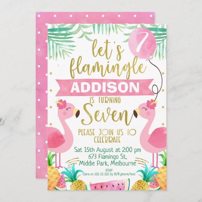 Invitación Chicas flamingo globos sétimo cumpleaños (Anverso / Reverso)
