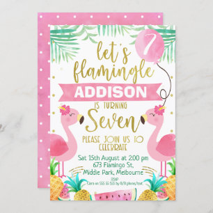 Invitación Chicas flamingo globos sétimo cumpleaños