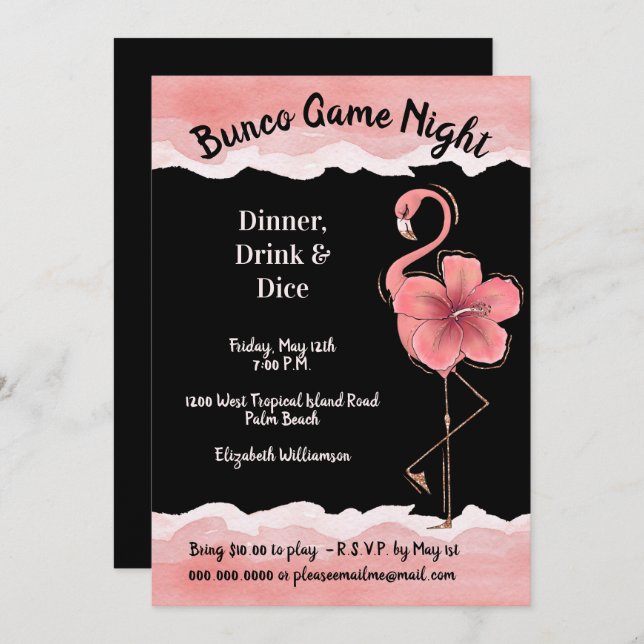 Invitación Chicas Flamingo Rosado Noche Bunco (Anverso / Reverso)