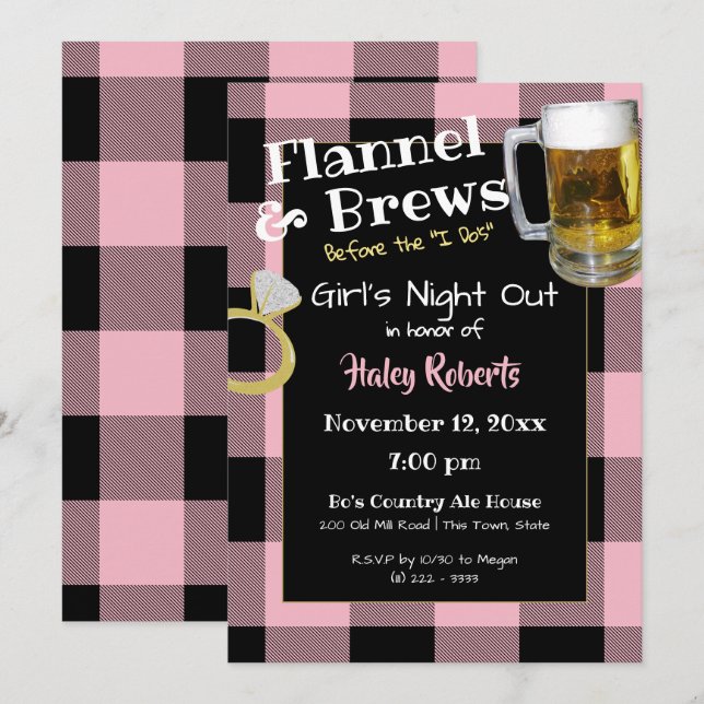 Invitación Chicas Flannel De Noche En La Fiesta De La Bachelo (Anverso / Reverso)