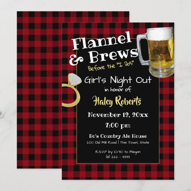 Invitación Chicas Flannel De Noche En La Fiesta De La Bachelo (Anverso / Reverso)