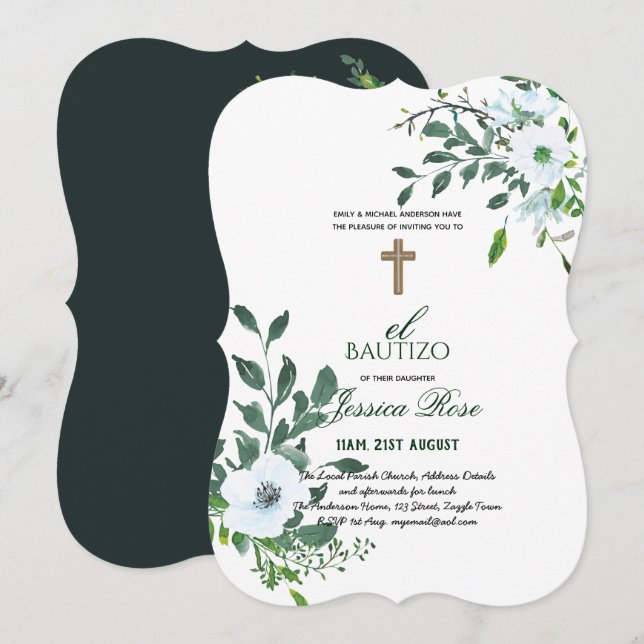 Invitación Chicas Floral BAUTIZO Bautismo Cruz Católica Rosa (Anverso / Reverso)
